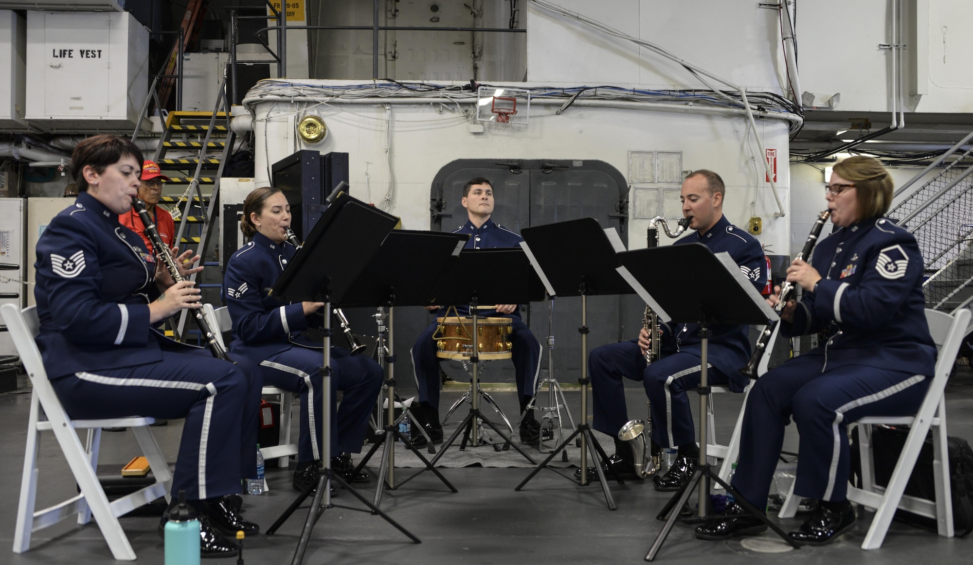 The Clarinet Quartet, an ensemble including four clarinets and percussion, from the U.S. Air Force Band of the Golden West at Travis Air Force Base, California, performed a new musical composition during their Southern California tour from Sept. 9 to 14, which included stops at the Brand Library and Arts Center in Glendale, the Chula Vista Veterans Home, three southern California schools, as well as the U.S.S. Midway Museum to celebrate the 72nd birthday of the ship. (U.S. Air Force photos by Senior Airman Amber Carter)