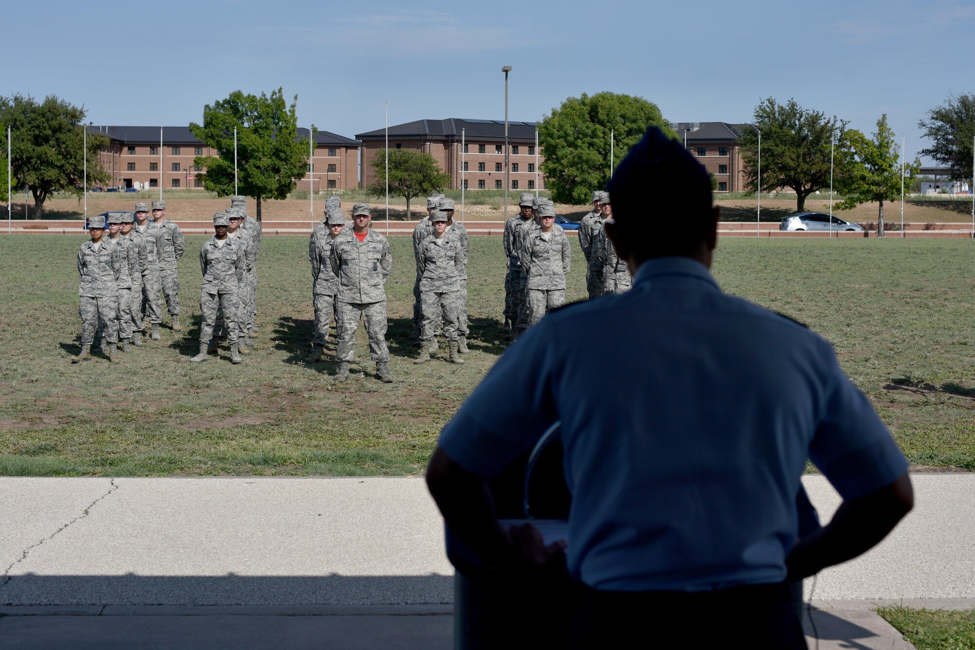 U.S. Air Force Col. Ricky Mills, 17th Training Wing commander, speaks during the Prisoners of War and Missing in Action Vigil at the parade field on Goodfellow Air Force Base, Texas, Sept. 8, 2017. The 17th Training Wing hosted a 24 hour run to honor past and present prisoners of war and military members missing in action. (U.S. Air Force photo by Airman 1st Class Randall Moose/Released)