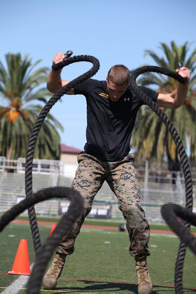 U.S. Marine Corps Sgt. Ethan Mawhinney, a Marine Air Ground Task Force planner with U.S. Marine Corps Forces, Special Operations Command, jumps his way through the Tactical Athlete event during the Marine Corps third annual HITT Tactical Athlete Competition at Camp Pendleton, Calif., Aug. 28th through 31st, 2017.  Mawhinney won this year’s competition, successfully defending his title two years in a row as Male Division Champion at the 2017 competition. (Photo credit to MCCS Camp Pendleton)