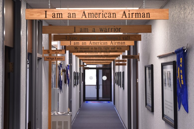 The Airman’s Creed hangs above the hall of the First Term Airman Center, Aug. 29, 2017, at Altus Air Force Base, Oklahoma. Airmanship 300 takes the foundation of the First Term Airmen Course and focuses on developing Airmen as next-generational leaders rather than only in-processing. (U.S. Air Force photo by Airman 1st Class Cody Dowell/released)