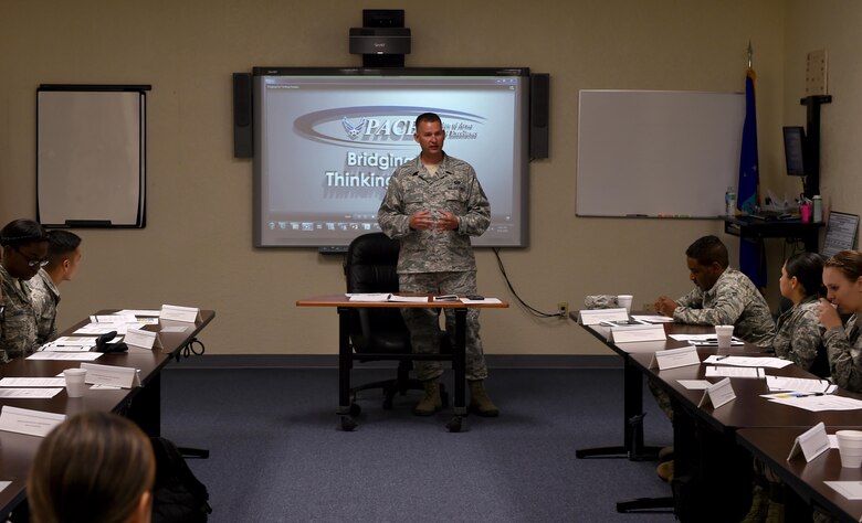U.S. Air Force Master Sgt. Edward Abell, 97th Air Mobility Wing career assistance advisor, explains the importance of building a foundation of leadership early in an Airman’s career Sep. 11, 2017, at Altus Air Force Base, Oklahoma. Airmanship 300 takes the foundation of the First Term Airmen Course and focuses on developing Airmen as next-generational leaders rather than only in-processing.