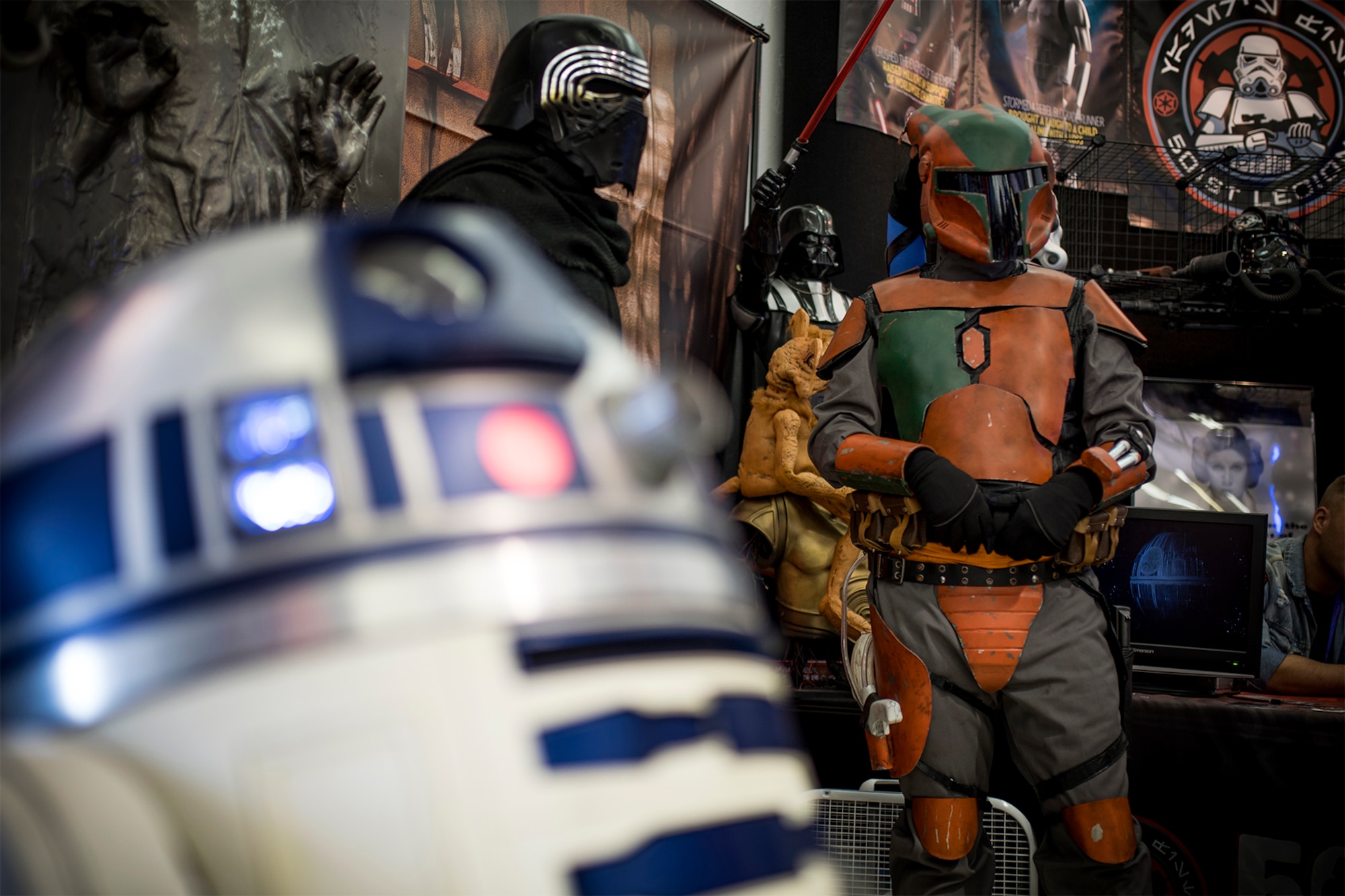 Nathan Hudson(far right), recently retired 721st Communications Squadron flight chief of quality assurance, cosplays as a Twi’lek Mandalorian Mercenary from the Star Wars universe at the Colorado Springs Comic Con in Colorado Springs, Colorado, Aug. 26, 2017. Hudson enjoys cosplaying and has been an active cosplayer at 10 different conventions. (U.S. Air Force photo by Senior Airman Dennis Hoffman)