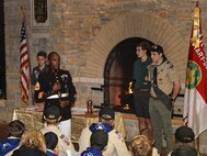 A Marine Corps color guard with Recruiting Station Chicago participates in delivers the colors before kicking off the Troop 55 2017 Fall Court of Honor ceremony in Glenview, Illinois, Sept 11. Gunnery Sgt. Robert Catching, a recruiter with RS Chicago, spoke about the pride of wearing the Marine Corps uniform. (U.S. Marine Corps photo by Lance Cpl. Quavaungh Pointer/Released)