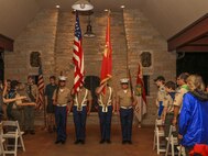 A Marine Corps color guard with Recruiting Station Chicago participates in delivers the colors before kicking off the Troop 55 2017 Fall Court of Honor ceremony in Glenview, Illinois, Sept 11. Gunnery Sgt. Robert Catching, a recruiter with RS Chicago, spoke about the pride of wearing the Marine Corps uniform. (U.S. Marine Corps photo by Lance Cpl. Quavaungh Pointer/Released)