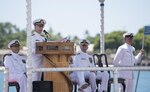 Rear Adm. Daryl L. Caudle, commander, Submarine Force, U.S. Pacific Fleet (COMSUBPAC), addresses guests during the COMSUBPAC change of command ceremony aboard the Los Angeles-class fast attack submarine USS Jacksonville (SSN 699).