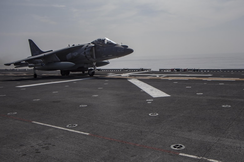 An AV-8B Harrier belonging to Marine Attack Squadron 311 prepares for flight aboard the USS Bonhomme Richard (LHD 6) while underway in the Pacific Ocean, June 9, 2017.