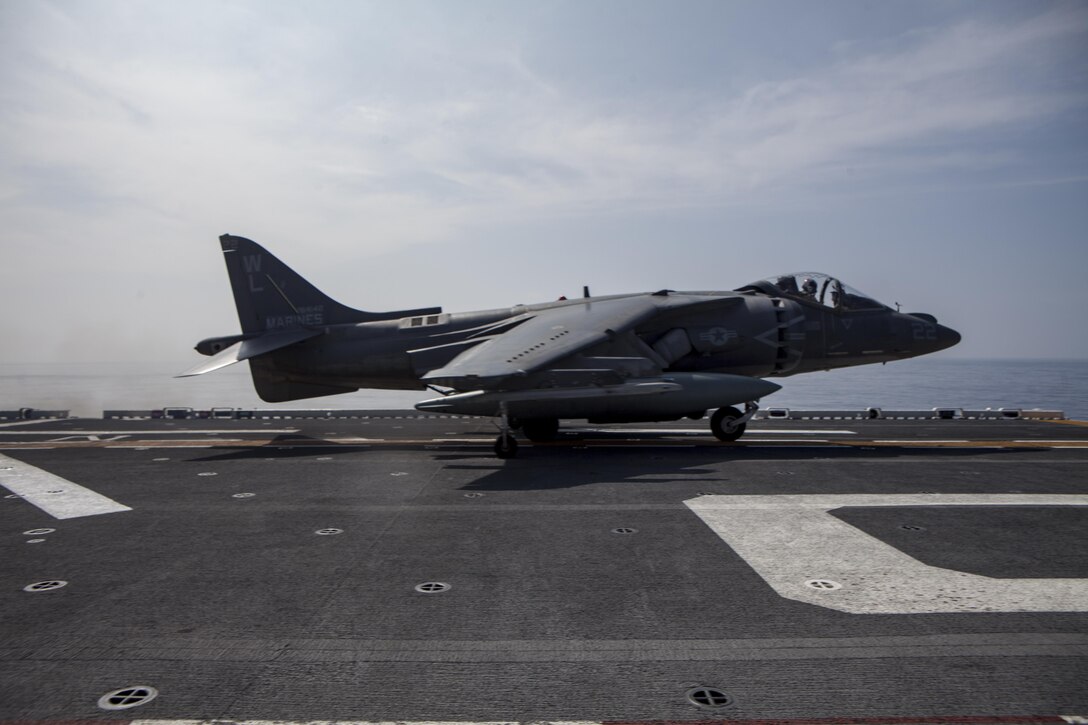 An AV-8B Harrier belonging to Marine Attack Squadron 311 prepares for flight aboard the USS Bonhomme Richard (LHD 6) while underway in the Pacific Ocean, June 9, 2017.