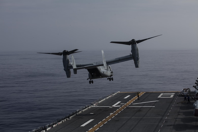 An MV-22B Osprey tiltrotor aircraft belonging to Marine Medium Tiltrotor Squadron 265 (Reinforced) departs the USS Bonhomme Richard (LHD 6) while underway in the Pacific Ocean, June 9, 2017.