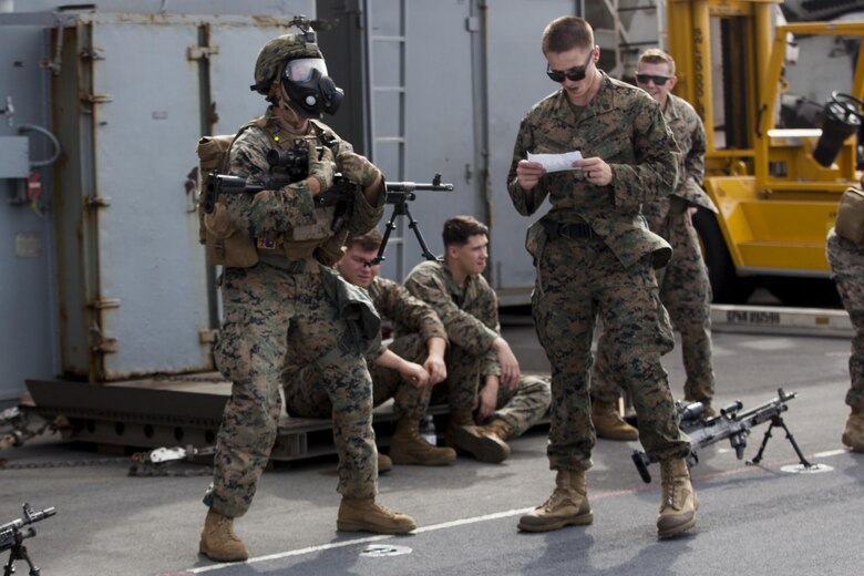 Lance Cpl. Joshua Lecleir, a rifleman with Kilo Company, Battalion Landing Team, 3rd Battalion, 5th Marines, 31st Marine Expeditionary Unit, conducts an exercise during combat conditioning marksmanship training aboard the USS Bonhomme Richard (LHD 6) while underway in the Pacific Ocean, June 24, 2017.