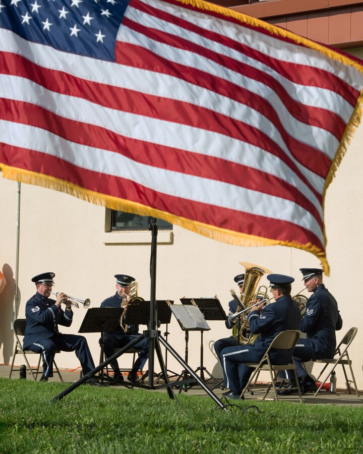 Members of the Travis Air Force Base, Calif., Band of the Golden West perform during the Remembrance Day, Children’s Freedom Walk, Sep. 11, 2017. The walk commemorates those who lost their lives on 9/11. (U.S. Air Force photo by Louis Briscese)