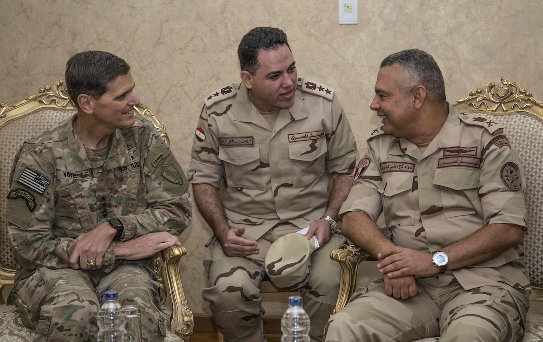Egyptian Army GEN Ali Adel Ashmawy, Northern Military Zone Commander, welcomes U.S. Army GEN Joseph Votel, commander U.S. Central Command, to Mohamed Naguib Military Base Sept. 10, 2017. Votel then visited Egyptian and U.S. Soldiers participating in Exercise Bright Star 17. Bright Star is a combined command-post and field training exercise aimed at enhancing regional security and stability by responding to modern day security scenarios with the Arab Republic of Egypt. (U.S. Department of Defense photo by Tom Gagnier)