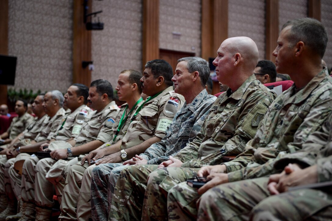 U.S. Air Force Maj. Gen. Jon Mott, U.S. Central Command exercises director, sits alongside Egyptian Maj. Gen. Khaled Kyry, Bright Star 2017 exercise director for the Egyptian armed forces, during the Bright Star 2017 opening ceremony, Sept. 10, 2017, at Mohamed Naguib Military Base, Egypt. The bilateral training, Bright Star, targets strengthening military-to-military relationships between U.S. forces and its Egyptian partners in the CENTCOM area of responsibility. (U.S. Air Force photo by Staff Sgt. Michael Battles)