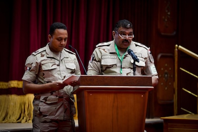 Egyptian Maj. Gen. Khaled Khairy, Bright Star 2017 exercise director for the Egyptian armed forces, gives opening remarks during the Bright Star 2017 opening ceremony, Sept. 10, 2017, at Mohamed Naguib Military Base, Egypt. Bright Star centralizes around regional security and cooperation, and promoting interoperability in conventional and irregular warfare scenarios. (U.S. Air Force photo by Staff Sgt. Michael Battles)