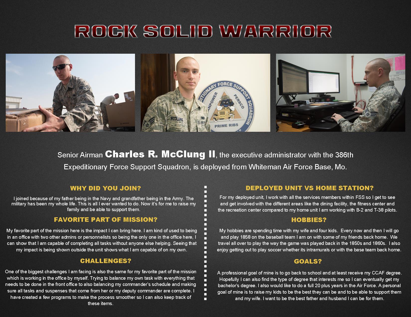 Rock Solid Warrior: Senior Airman Charles R. McClung II > U.S. Air Forces  Central > Display