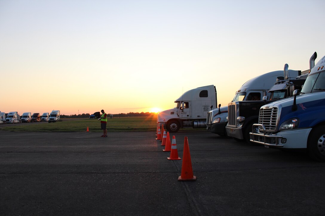FEMA contracted truck are being staged at the Incident Support Base located at Maxwell Air Force Base, Alabama. These trucks are carrying relief effort items to aid the victims of Hurricane Irma.