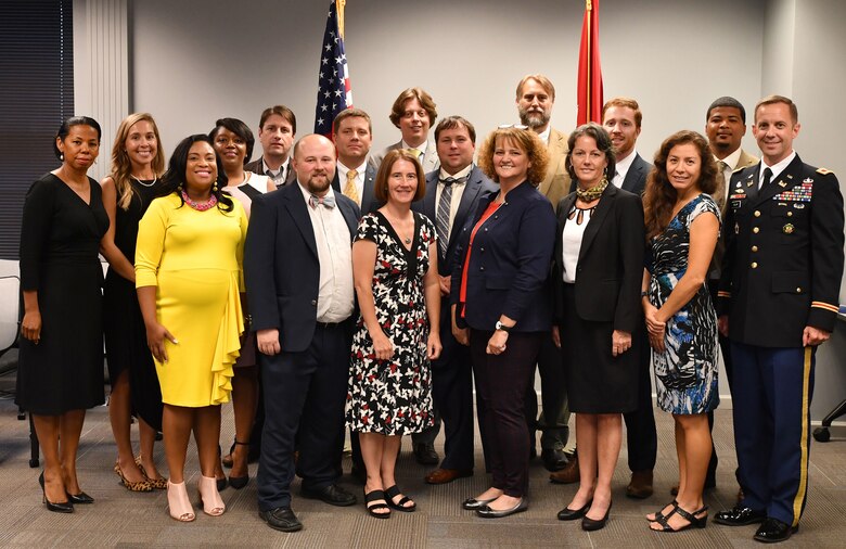 Twenty Mobile District employees and one representative from the Fish and Wildlife Service pose with District Commander Col. James DeLapp after graduation from the 2017 Leadership Development Program, Sept. 7.