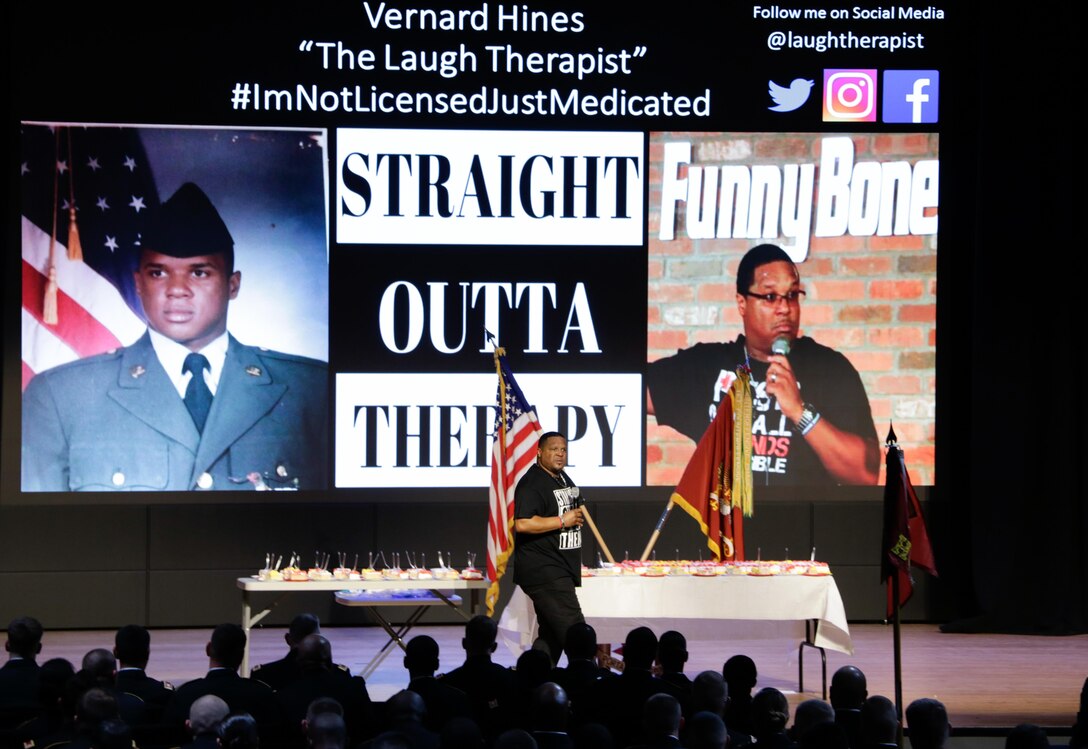 Retired U.S. Army Sgt. 1st. Class Vernard T. Hines, comedian, speaks to Soldiers about substance abuse during resiliency training at Joint Base Langley-Eustis, Va., Aug. 30, 2017.