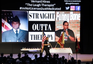 Retired U.S. Army Sgt. 1st. Class Vernard T. Hines, comedian, speaks to Soldiers about substance abuse during resiliency training at Joint Base Langley-Eustis, Va., Aug. 30, 2017.