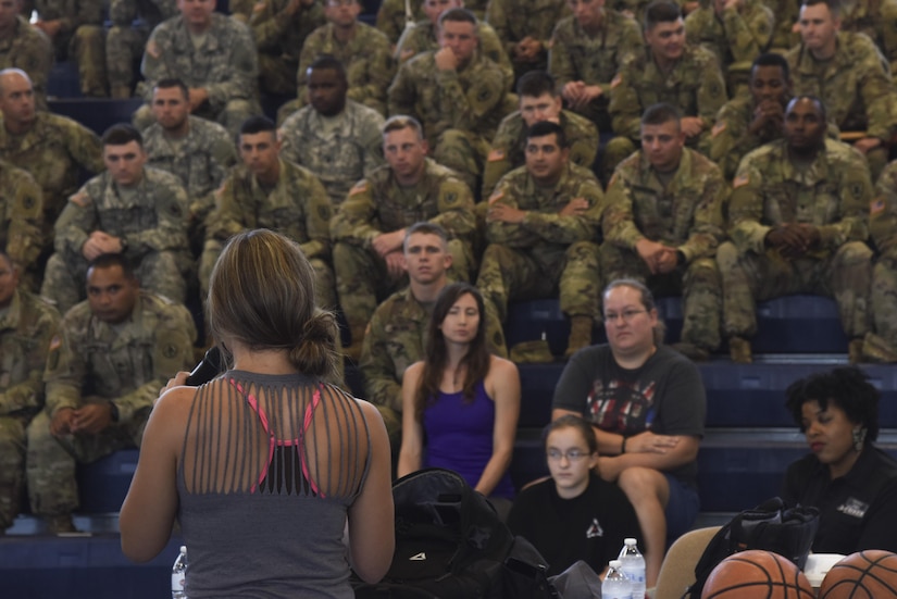 Miesha Tate, retired Ultimate Fighting Championship Bantamweight division champion, speaks during a self-defense seminar at Joint Base Langley-Eustis, Va., Sep. 7, 2017.