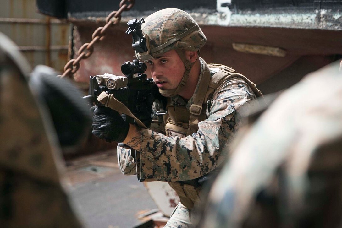 During AIT, Marines with Combat Logistics Battalion 31, the Logistics Combat Element for the 31st Marine Expeditionary Unit, and Marines with Battalion Landing Team, 3rd Battalion, 5th Marines, the Ground Combat Element for the 31st MEU, refined their abilities to provide security and life-sustaining support for possible HADR operations.