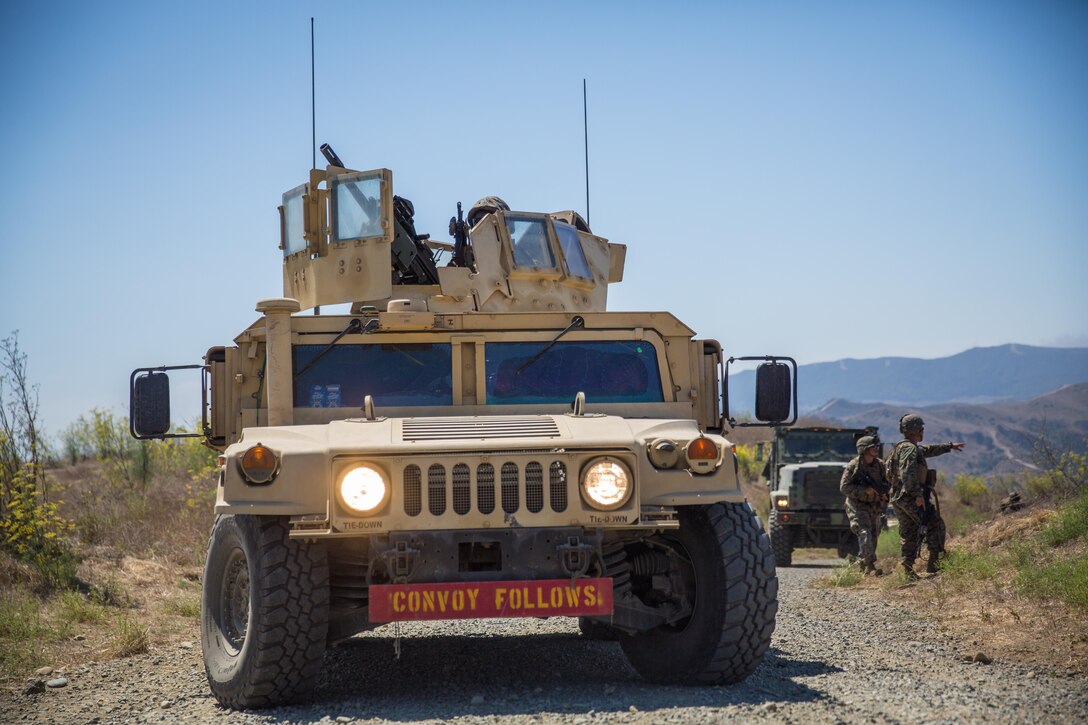 Marines with Combat Service Support Company, I Marine Expeditionary Force Information Group, provide perimeter security during a counter improvised explosive device training exercise at Camp Pendleton, Calif., July 31, 2017. The Marines conducted the training to further develop their combat capabilities as part of the stand-up of the Marine Support Battalion. The mission of the new unit is to provide extensive logistical support to I MEF and I Marine Expeditionary Brigade command element, both in garrison and on deployment.