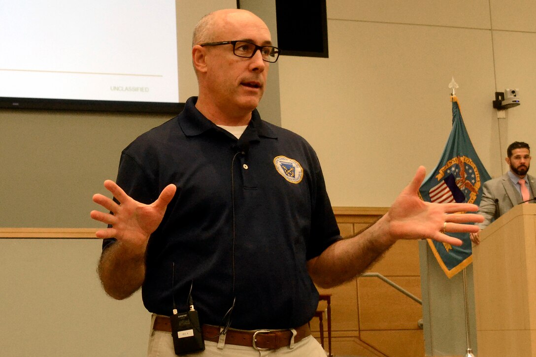 Sam Phillips, the emergency management officer for NSA-Philadelphia, addresses the audience at DLA Troop Support’s National Preparedness Month event Sept. 12. He said the top five hazards on the installation are severe winter weather, acts of terrorism, off-base hazmat accidents, active shooters and fires.
