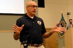 Sam Phillips, the emergency management officer for NSA-Philadelphia, addresses the audience at DLA Troop Support’s National Preparedness Month event Sept. 12. He said the top five hazards on the installation are severe winter weather, acts of terrorism, off-base hazmat accidents, active shooters and fires.
