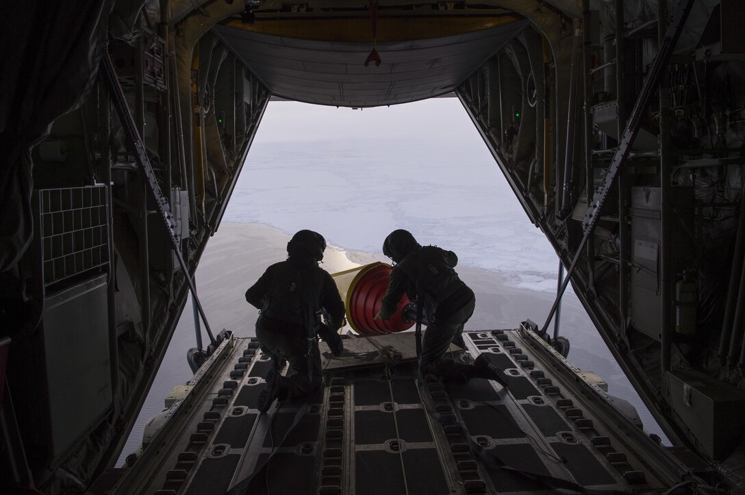 An Air-Deployable Expendable Ice Buoy is deployed in the high Arctic near the North Pole from a Royal Danish Air Force C-130 aircraft