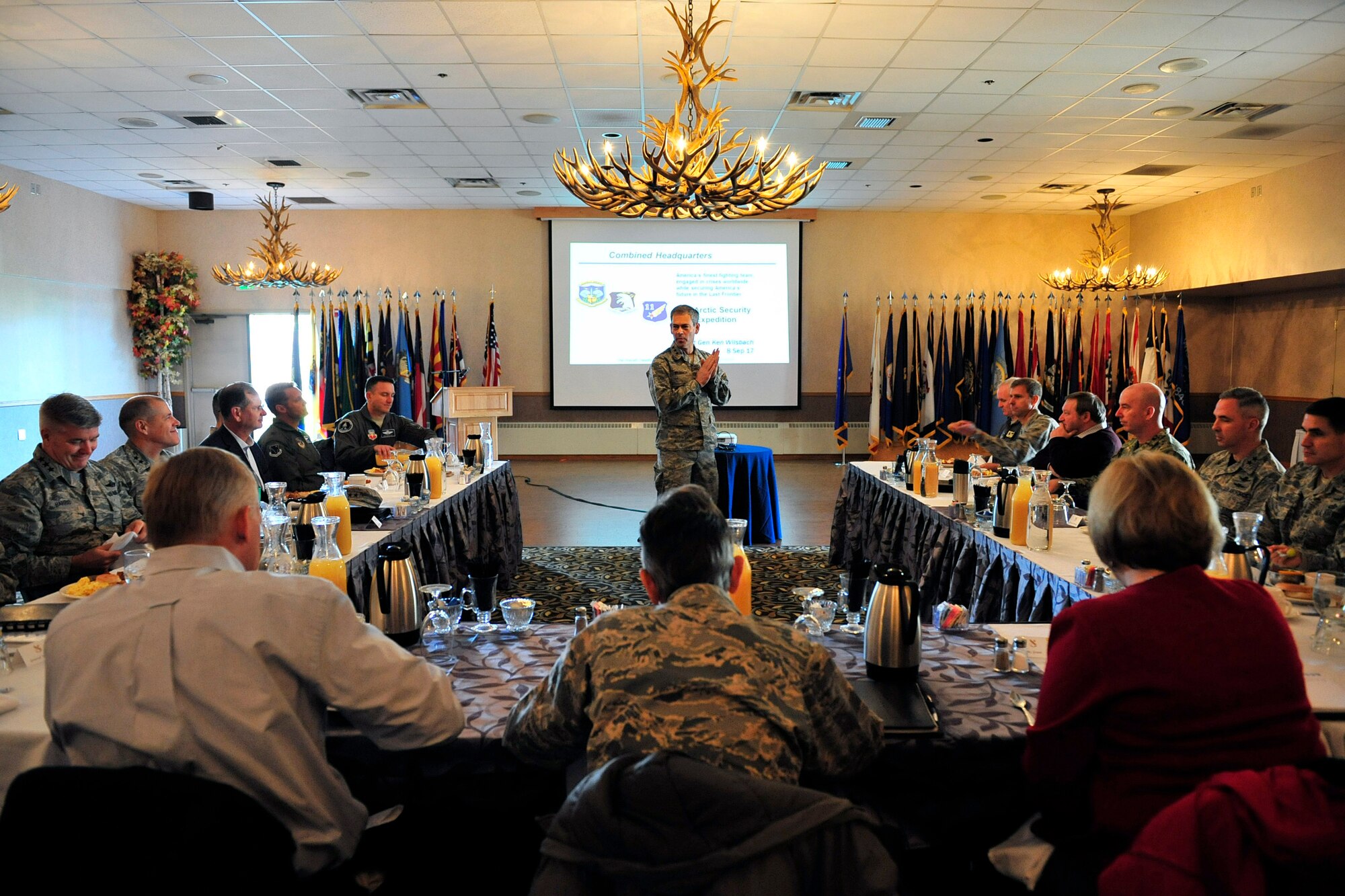 U.S. Air Force Lt. Gen. Kenneth Wilsbach, Alaskan Command commander, briefs Air Force senior leaders from Headquarters Air Force and major commands during an Arctic Security Expedition Sept. 8, 2017, at the Yukon Club on Eielson Air Force Base, Alaska. The purpose of the Arctic Security Expedition is to give senior leaders a chance to gain better understanding of the unique capabilities in the region and to learn about the challenges the units face operating in the harsh climate. (U.S. Air Force photo by Staff Sgt. Jerilyn Quintanilla)