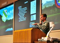 U.S. Air Force Col. David Mineau, the 354th Fighter Wing commander, briefs Air Force senior leaders from Headquarters Air Force and major commands during an Arctic Security Expedition Sept. 8, 2017, at Eielson Air Force Base, Alaska. Senior leaders visited Eielson AFB and other locations in Alaska to better understand the challenges of operating in the region. (U.S. Air Force photo by Staff Sgt. Jerilyn Quintanilla)