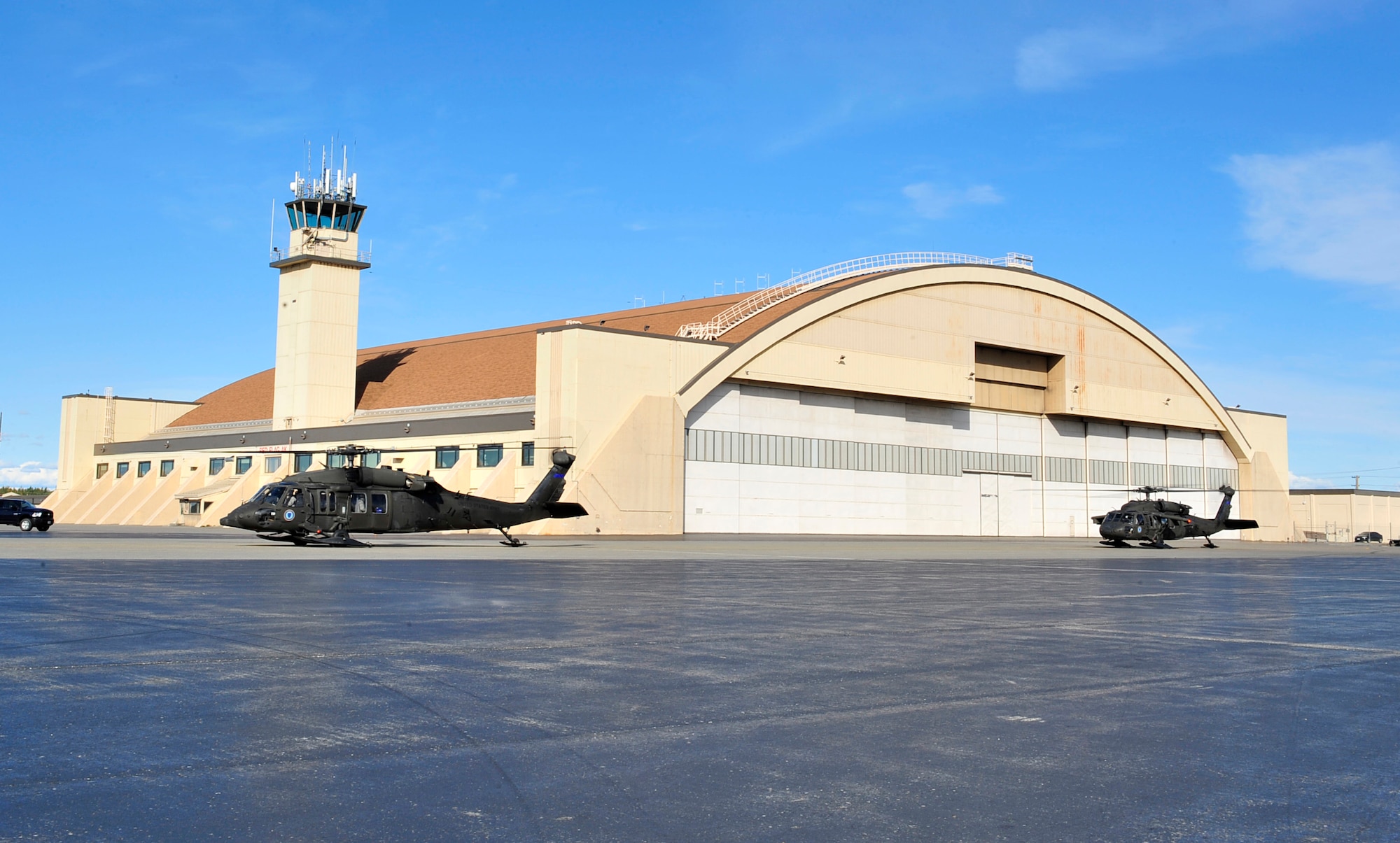 Two UH-60 Blackhawk helicopters carrying senior leaders from Headquarters Air Force and major commands taxis on the runway Sept. 8, 2017, at Eielson Air Force Base, Alaska. Senior leaders were given a tour of the Joint Pacific Alaska Range (JPARC) as part of an Arctic Security Expedition in order to learn about U.S. military operations in the Arctic region. (U.S. Air Force photo by Staff Sgt. Jerilyn Quintanilla)