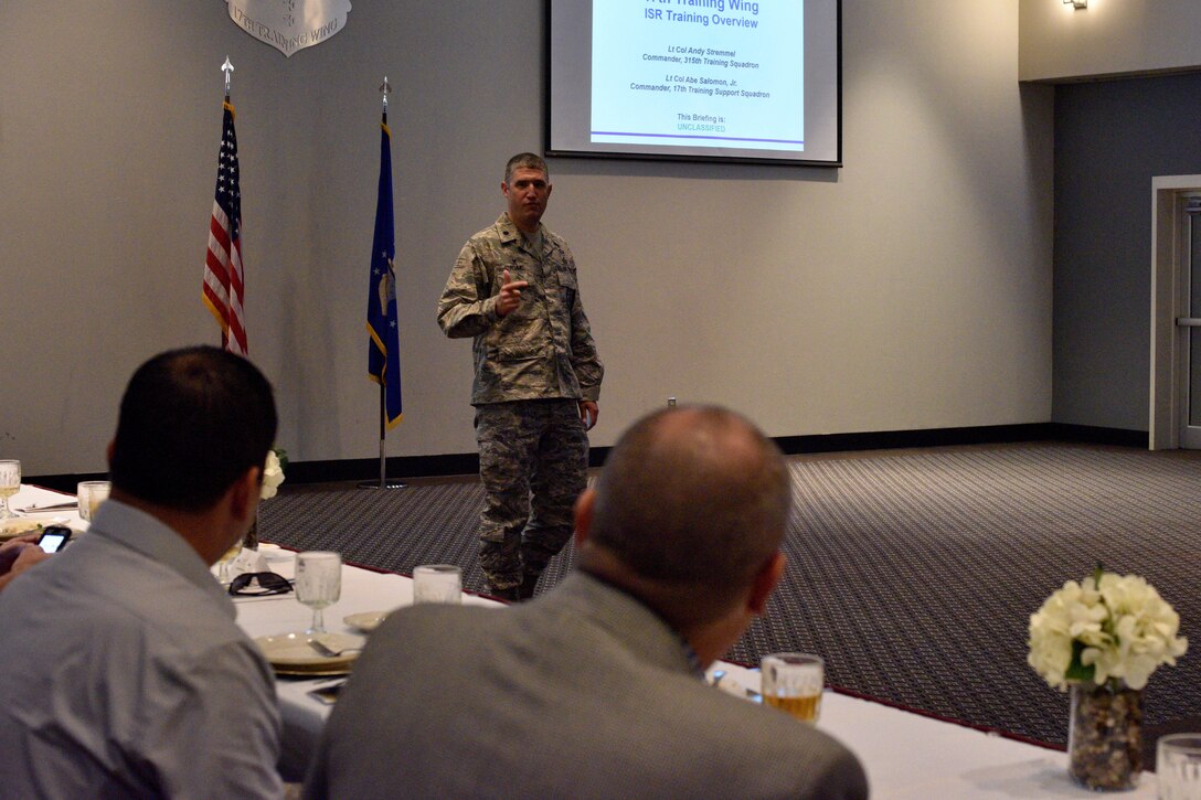U.S. Air Force Lt. Col. Andy Stremmel, 315th Training Squadron commander, speaks during a luncheon for Honorary Commanders at the Event Center on Goodfellow Air Force Base, Texas, Sept. 11, 2017. Stremmel briefed the honorary commanders on the 315th TRS and its mission. (U.S. Air Force photo by Airman 1st Class Randall Moose/Released)