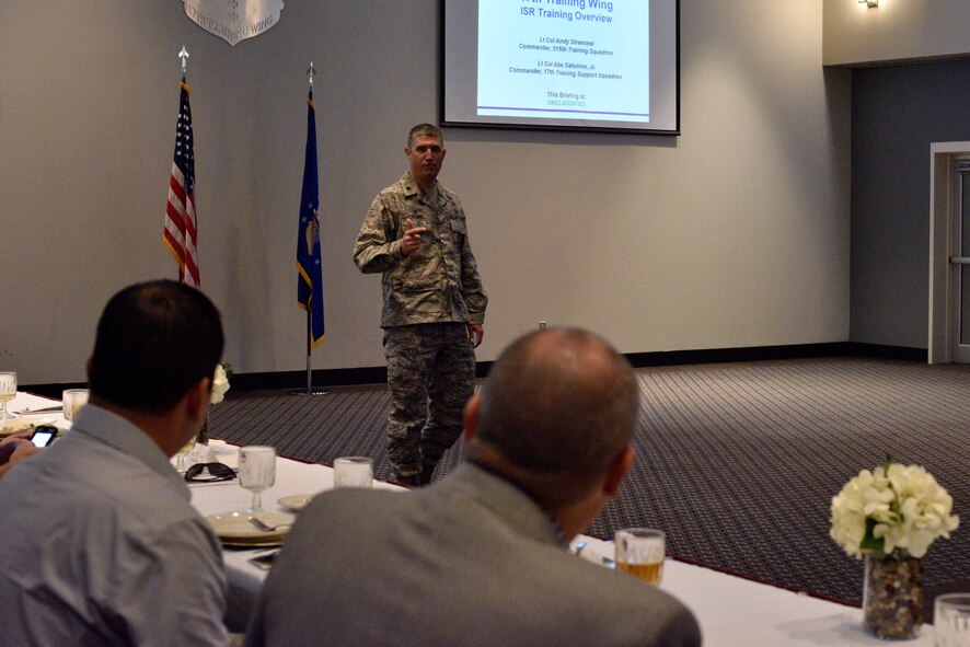 U.S. Air Force Lt. Col. Andy Stremmel, 315th Training Squadron commander, speaks during a luncheon for Honorary Commanders at the Event Center on Goodfellow Air Force Base, Texas, Sept. 11, 2017. Stremmel briefed the honorary commanders on the 315th TRS and its mission. (U.S. Air Force photo by Airman 1st Class Randall Moose/Released)