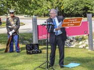 Illinois State Senator John G. Mulroe, the state senator of the Illinois’ 10th District, dedicates a bridge in Glenview, Illinois, Sept. 12, honoring a Marine Vietnam veteran. Town residents and city officials attended the bridge dedication ceremony honoring Cpl. Donald W. Bollman, a Purple Heart recipient who was killed in action in South Vietnam March 1, 1967. (U.S. Marine Corps photo by Lance Cpl. Quavaungh Pointer/Released)