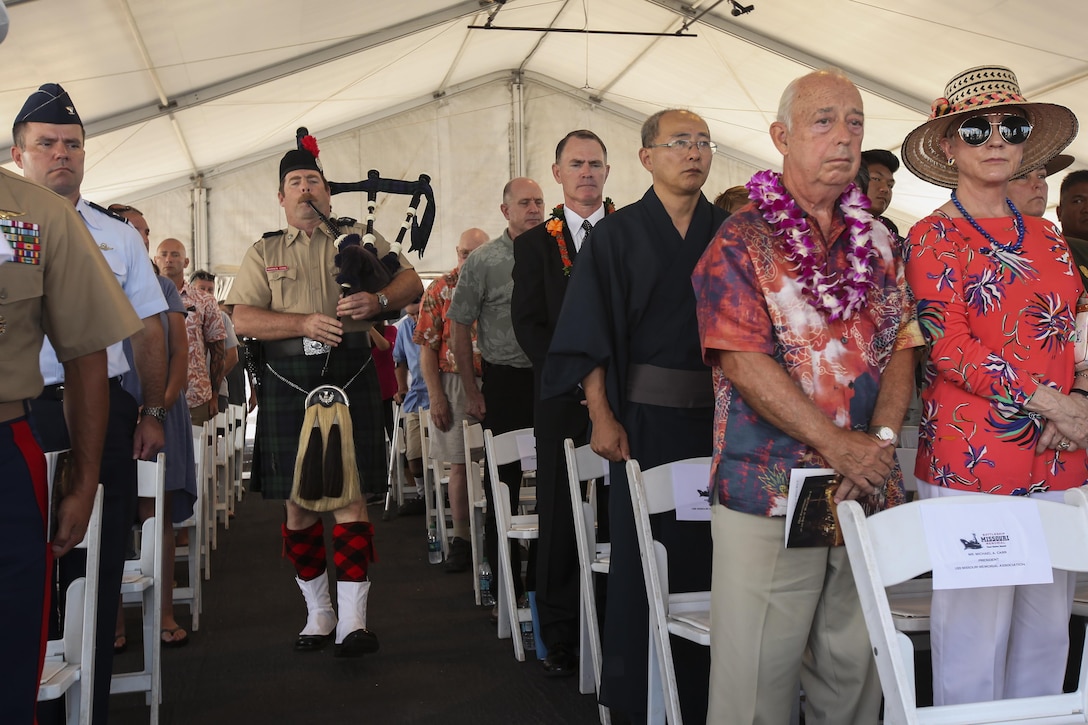 Warren Cone plays Amazing Grace during the 72nd Anniversary of the End of World War II ceremony aboard the USS Battleship Missouri Memorial, Pearl Harbor, Hawaii, September 2, 2017. The ceremony on the aft deck was attended by dignitaries from the United States and other nations. Today, the U.S. and Japan stand together, showcasing an alliance of peace forged between our two nations. (U.S. Marine Corps photo by Cpl. Maximiliano Rosas)
