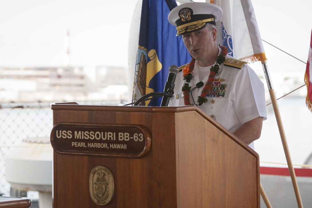U.S. Navy Rear Adm. Brian P. Fort, commander, U.S. Navy Region Hawaii and Naval Surface Group Middle Pacific, speaks during the 72nd Anniversary of the End of World War II ceremony aboard the USS Battleship Missouri Memorial, Pearl Harbor, Hawaii, September 2, 2017. The ceremony on the aft deck was attended by dignitaries from the United States and other nations. Today, the U.S. and Japan stand together, showcasing an alliance of peace forged between our two nations. (U.S. Marine Corps photo by Cpl. Maximiliano Rosas)