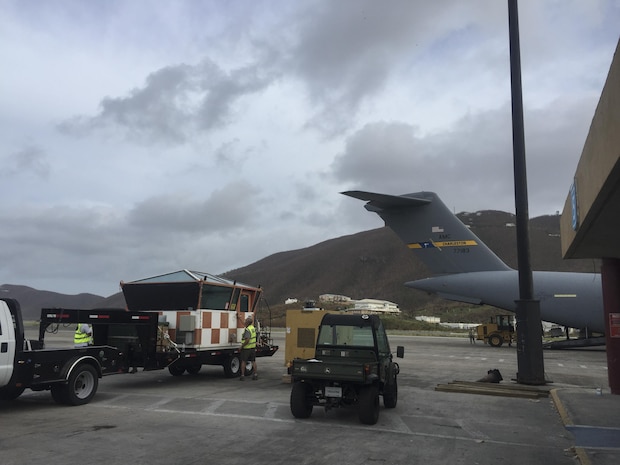 Members of the 14th and 15th Airlift Squadrons deliver a Federal Aviation Administration air traffic control mobile tower from Mountain Home Air Force Base, Idaho, to the Cyril E. King Airport in St. Thomas, Virgin Islands, Sept. 12.