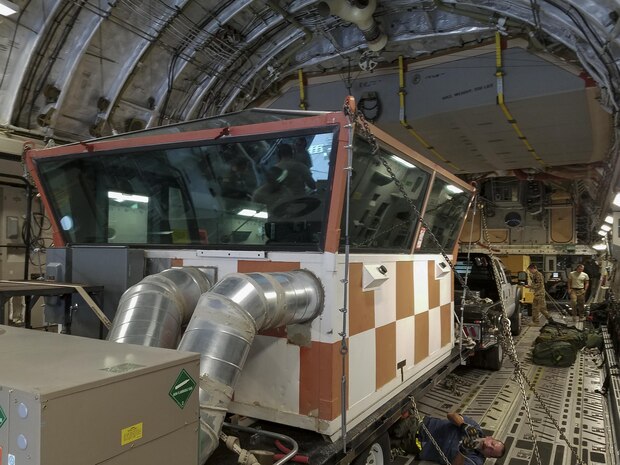 Members of the 14th and 15th Airlift Squadrons transported a Federal Aviation Administration air traffic control mobile tower from Mountain Home Air Force Base, Idaho, to the Cyril E. King Airport in St. Thomas, Virgin Islands, Sept. 12.