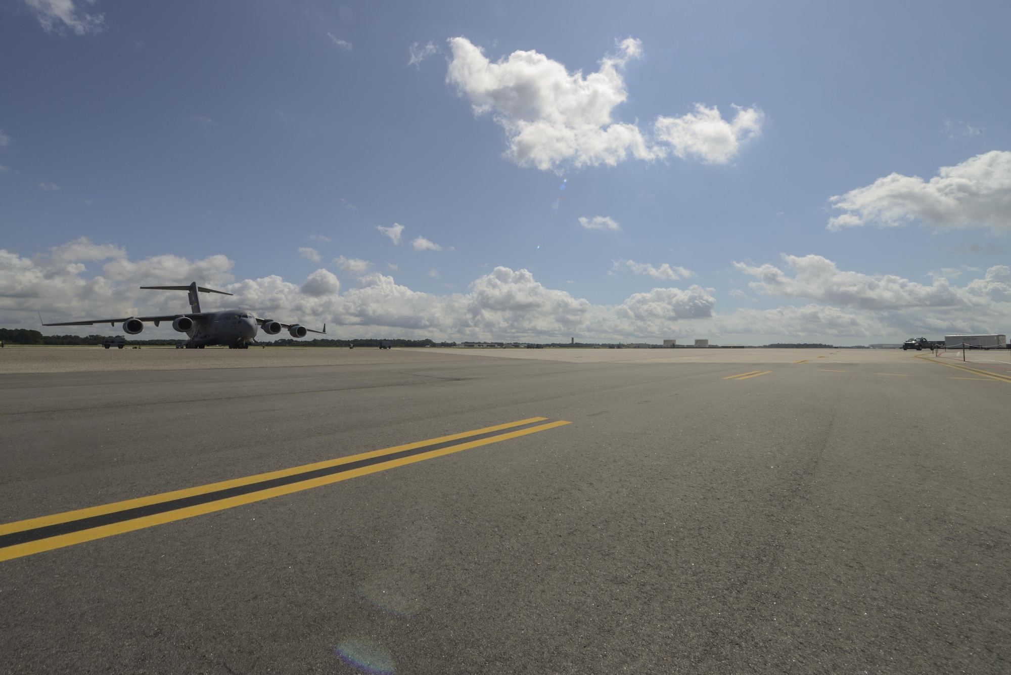 The first C-17 Globemaster III aircrew returns to the JB Charleston, S.C. flightline on Sept. 13 after the Hurricane Irma evacuation order was rescinded.