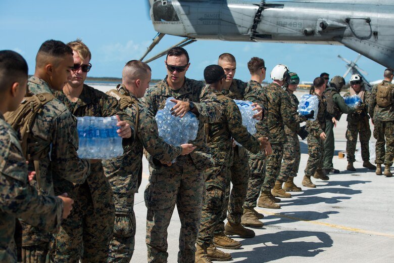 U.S. Marines, Sailors, and members of other government agencies offloaded food, water and essential supplies at Naval Air Station Key West, Fla., Sept. 12, 2017. Marines and Sailors with the 26th Marine Expeditionary Unit and Marine Heavy Helicopter Squadron 461 handled and distributed the supplies in support of the Federal Emergency Management Agency in the aftermath of Hurricane Irma.