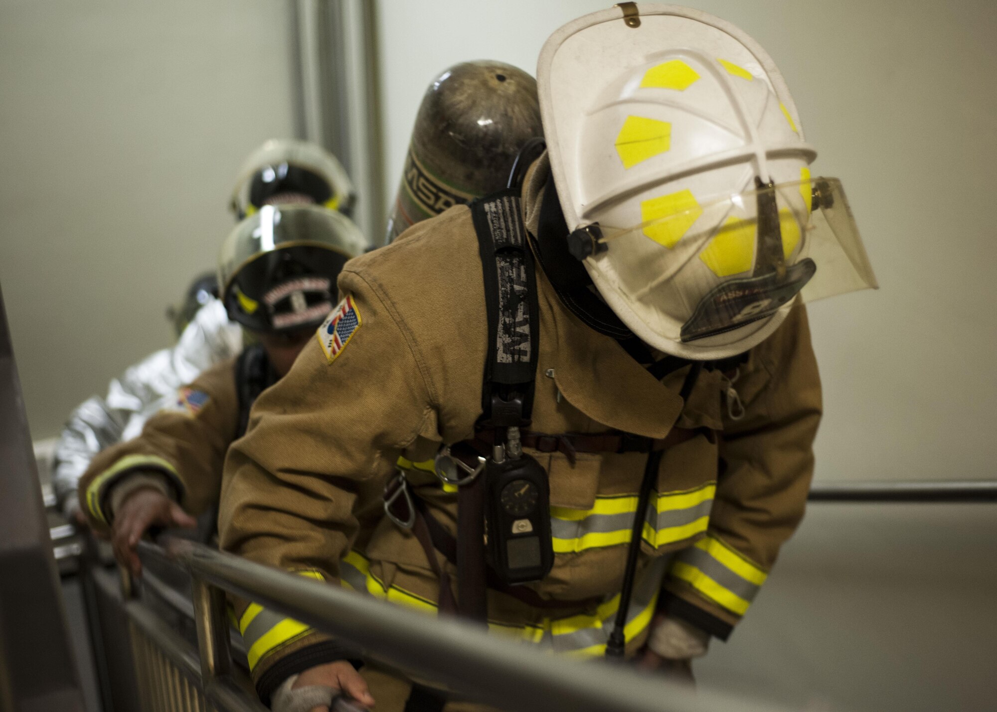 U.S. Air Force Airmen participate in the 9/11 Remembrance Stair Climb at Kunsan Air Base, Republic of Korea, Sept. 11, 2017. During the event, Airmen climbed the seven-story dormitory 15.7 times to equal the 110 floors within the World Trade Center to honor those who perished during the terrorist attack that took place on September 11, 2001. (U.S. Air Force photo by Staff Sgt. Victoria H. Taylor)