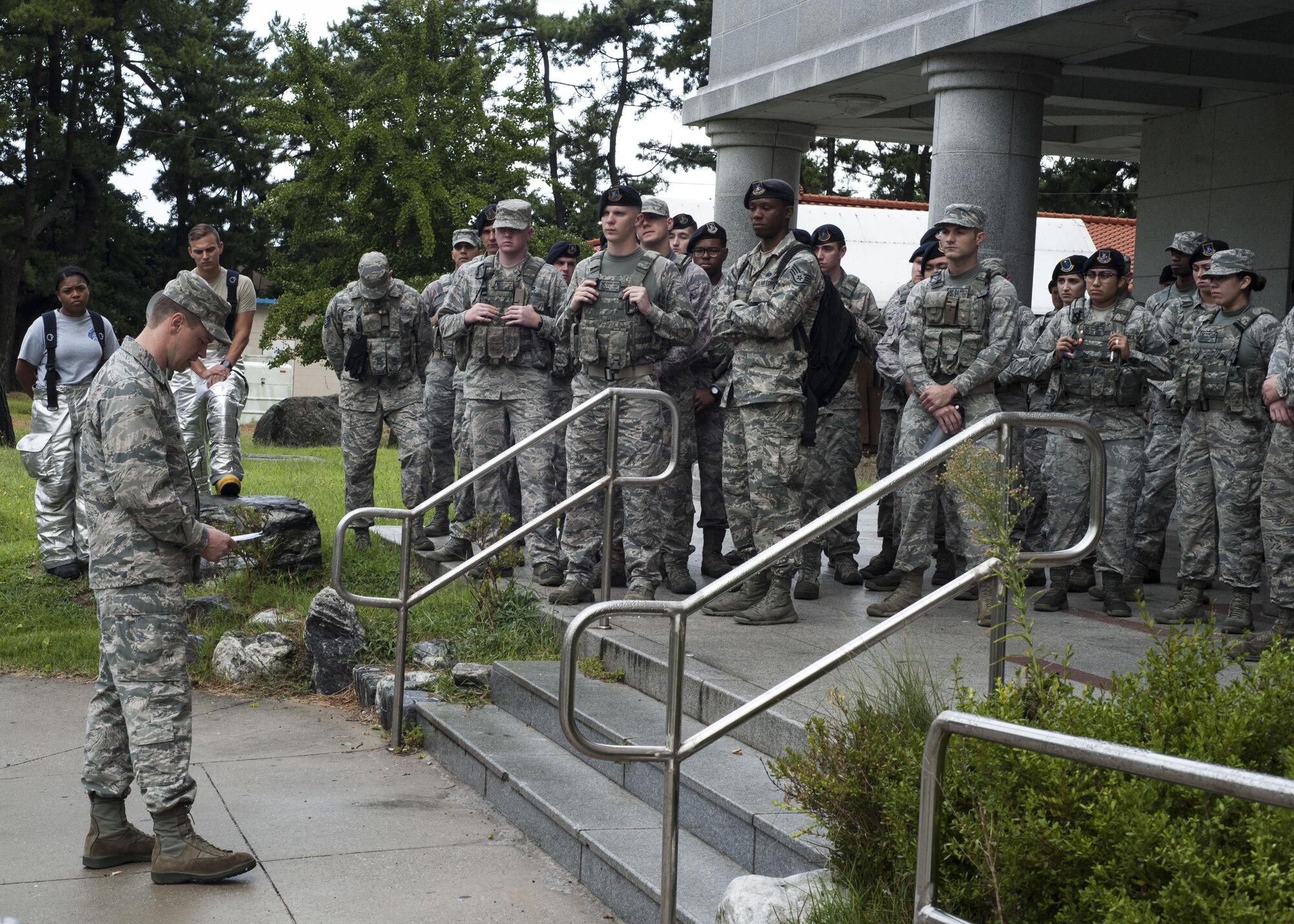 U.S. Air Force Airmen participated in the 9/11 Remembrance Stair Climb at Kunsan Air Base, Republic of Korea, Sept. 11, 2017.  The event kicked off at 8:46 a.m., the time that American Airlines Flight 11 crashed into floors 93 to 99 of the North Tower of the World Trade Center, and stopped at 9:59 a.m., the time the South Tower of the WTC collapsed 16 years ago.