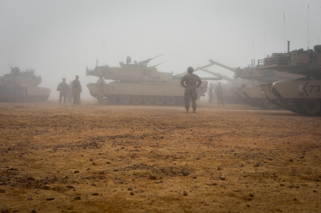 U.S. Army Soldiers from the 2nd Battalion, 7th Cavalry Regiment, 3rd Armored Combat Team, 1st Cavalry Division prepare several M1A2 Abrams tanks for a field training exercise during Bright Star 2017, Sept. 12, 2017, at Mohamed Naguib Military Base, Egypt. Started in 1981, Bright Star builds on the strategic security relationship between the U.S. and Egypt, a partnership that supports counterterrorism, regional security, and efforts to combat the spread of violent extremism. (U.S. Air Force photo by Staff Sgt. Michael Battles)