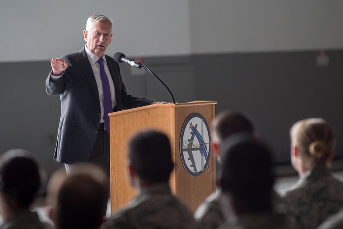 Defense Secretary Jim Mattis talks to airmen.