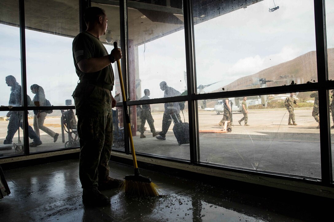 U.S. Marines with the 26th Marine Expeditionary Unit (MEU) coordinated with the Department of Homeland Security, Federal Emergency Management Agency (FEMA), and local authorities, and assisted in cleanup efforts in St. Thomas, U.S. Virgin Islands, Sept. 13, 2017. The Department of Defense is assisting FEMA in hurricane relief efforts by providing food, water and essential needs to the U.S. Virgin Islands.