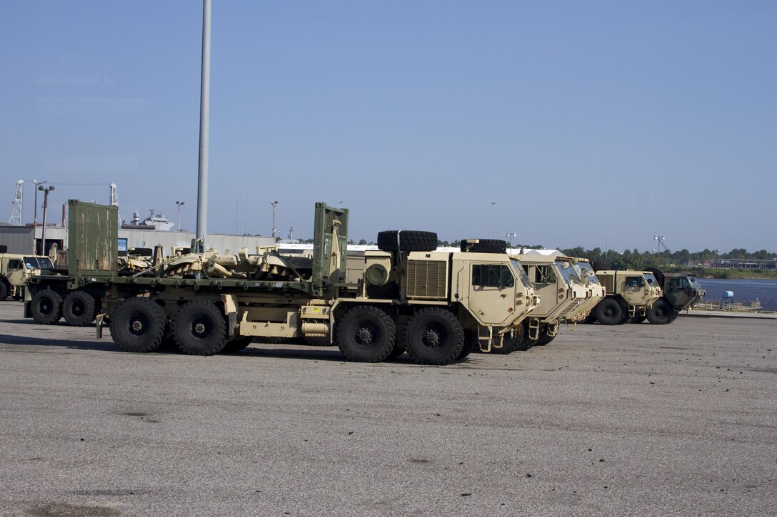 Military equipment is staged at the Port of Beaumont waiting to be transported overseas Sept. 12.