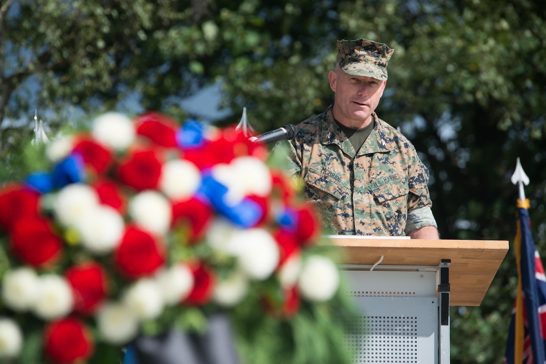 Colonel Sean McBride, the chief of staff of Marine Forces Europe and Africa, speaks during the U.S. Army Garrison Stuttgart Patriot Day Ceremony held at Patch Barracks, Stuttgart, Sept. 11, 2017. (Courtesy Photo)