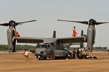 Service members perform post flight checklists before bedding down a CV-22 Osprey aircraft at Little Rock Air Force Base, Ark, Sept. 9, 2017. The aircraft and personnel, assigned to Hurlburt Field, Fla., were evacuated before Hurricane Irma slammed into the Gulf Coast. (U.S. Air Force photo by Master Sgt. Jeff Walston)