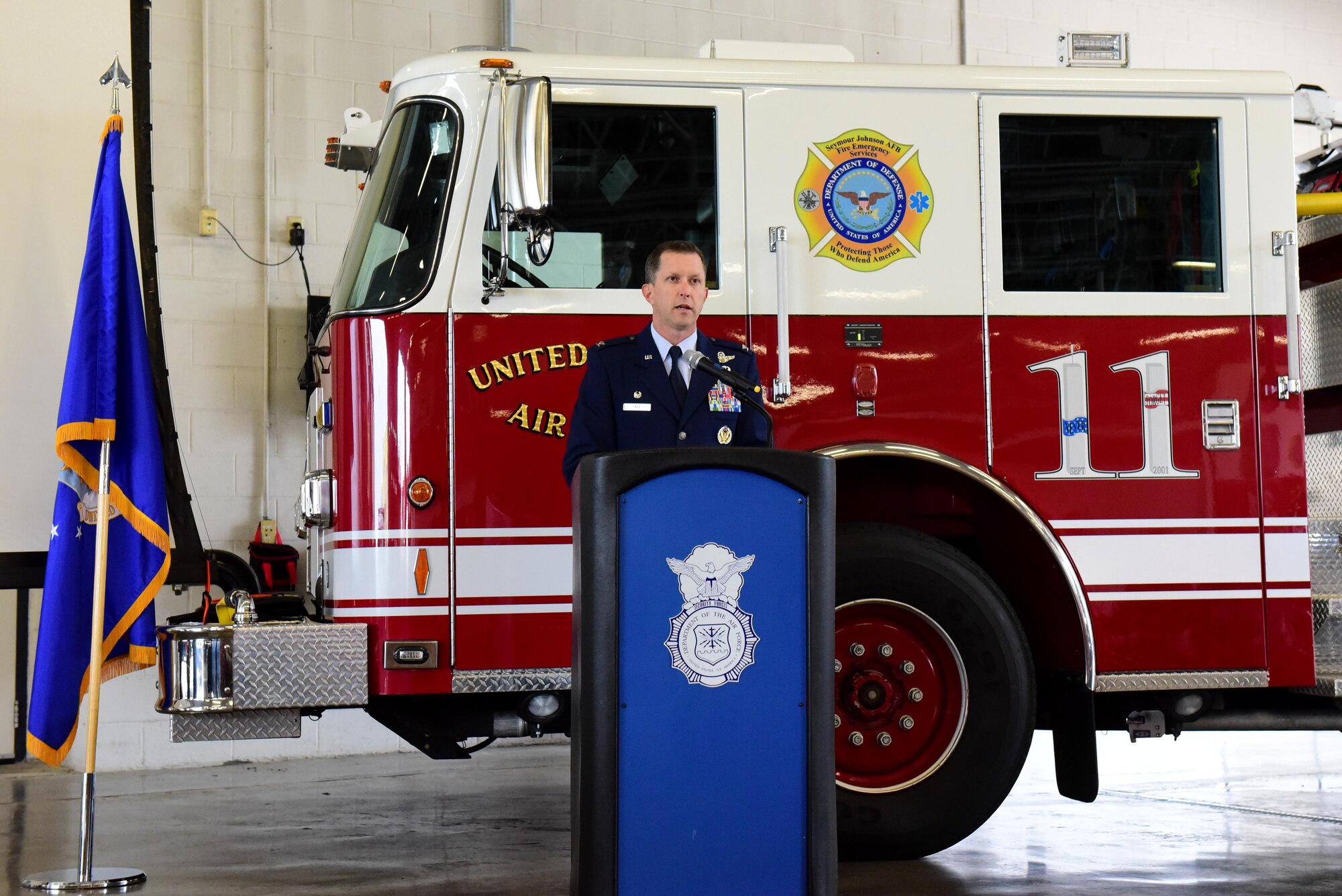 Col. Christopher Sage, 4th Fighter Wing commander gives a remembrance speech during a 9/11 Remembrance Ceremony, Sept. 11, 2017, at Seymour Johnson Air Force Base, North Carolina. The ceremony, hosted by the 4th Civil Engineer Squadron and the 4th Security Forces Squadron, featured narratives recounting the attack, a bell-ringing ceremony, moment of silence, 21-gun salute, and slide show. (U.S. Air Force photo by Airman 1st Class Victoria Boyton)