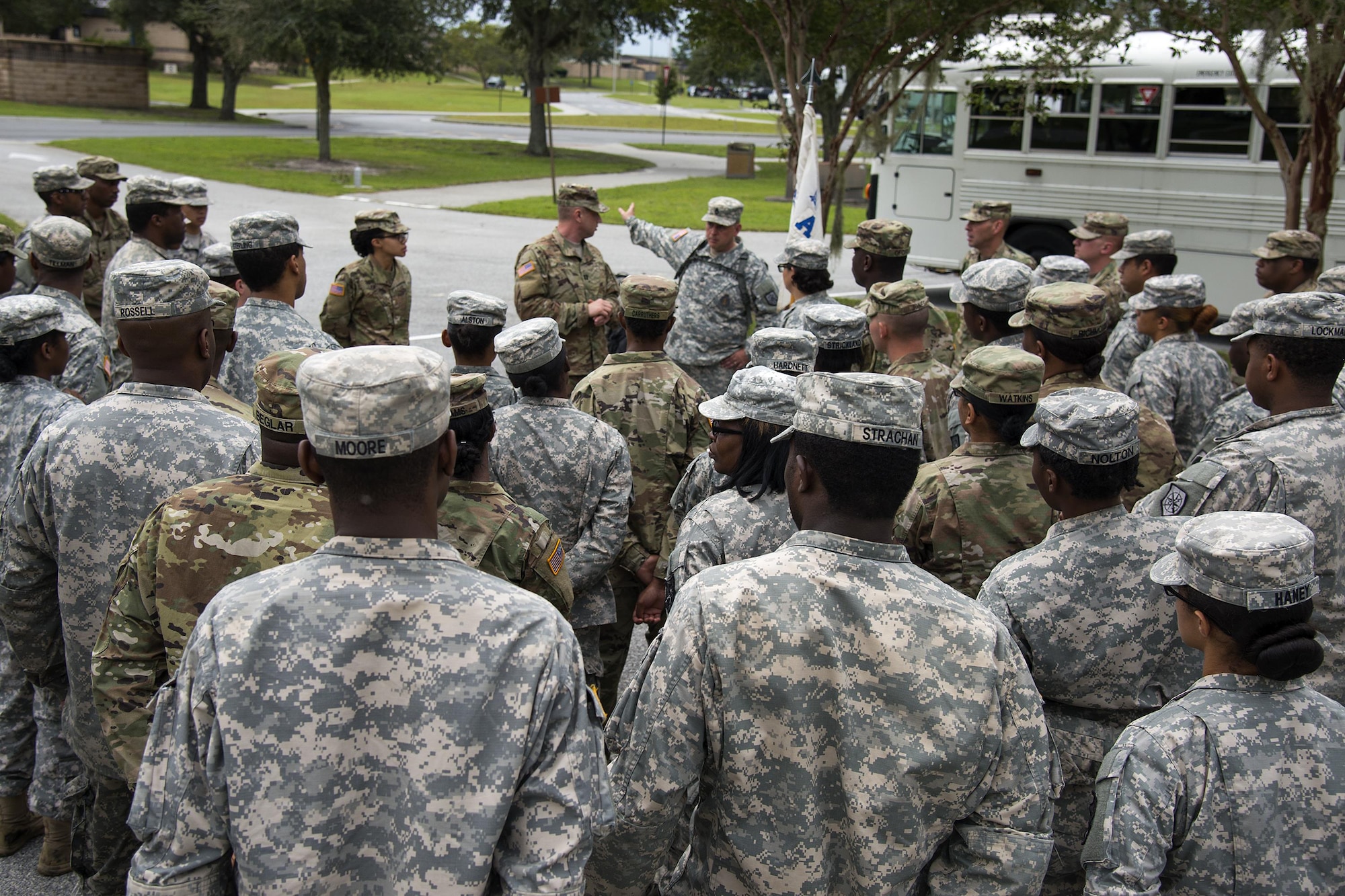 Army Staff Sgt. Timothy Gavitt, Georgia Army National Guard 348th Brigade Support Battalion section sergeant of transportation, briefs Soldiers, Sept. 13, 2017, at Moody Air Force Base, Ga. Units from the 48th Infantry Brigade Combat Team and Joint Task Force 781st Chemical, Radiological, Nuclear, Explosive Response Package stayed the night at Moody before heading to Orlando, Fla., to provide humanitarian relief for the victims of Hurricane Irma. (U.S. Air Force photo by Airman 1st Class Erick Requadt)